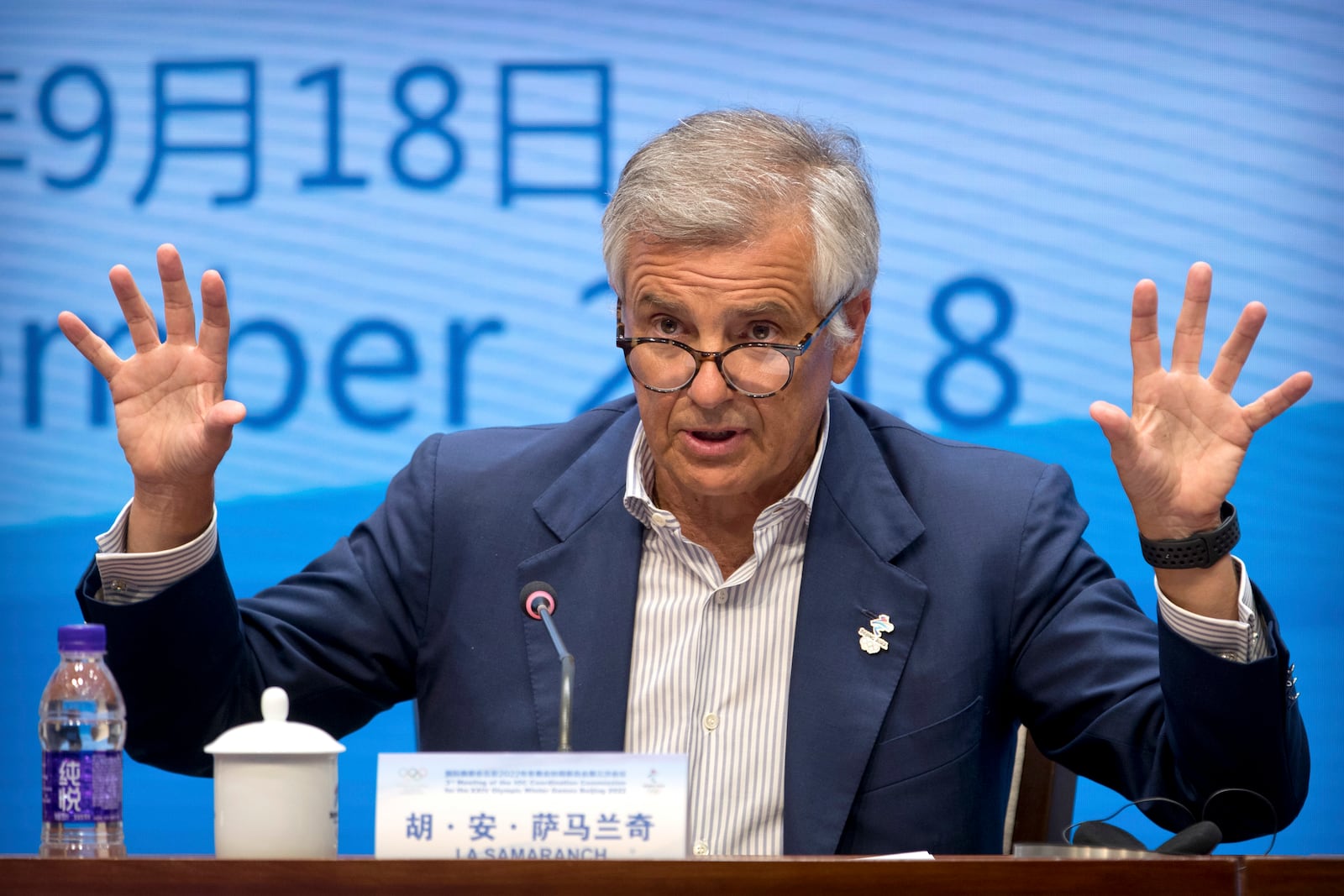 FILE - International Olympic Committee (IOC) Vice President Juan Antonio Samaranch Jr. speaks during a press conference at the headquarters of the 2022 Beijing Winter Olympics Organizing Committee in Beijing, Tuesday, Sept. 18, 2018. (AP Photo/Mark Schiefelbein, File)