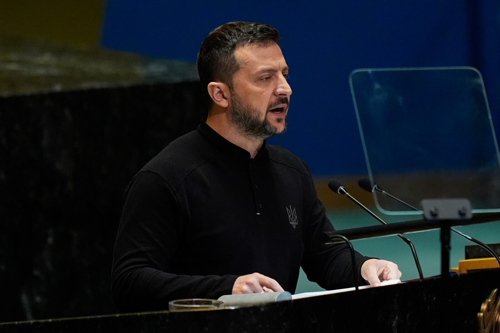 Ukraine President Volodymyr Zelenskyy addresses the 79th session of the United Nations General Assembly, Wednesday, Sept. 25, 2024, at the UN headquarters. (AP Photo/Julia Demaree Nikhinson)