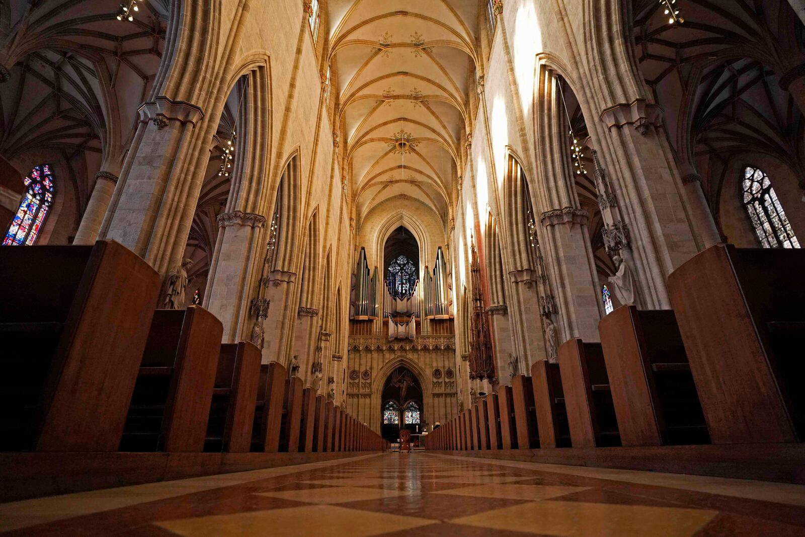 Interior view of Ulmer Münster, the world's tallest church, in Ulm, Germany, Wednesday, Sept. 18, 2024. (AP Photo/Matthias Schrader)