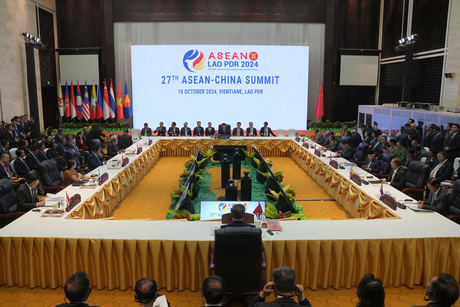 Leaders attend the 27th Association of Southeast Asian Nations (ASEAN)-China Summit in Vientiane, Laos, Thursday, Oct. 10, 2024. (AP Photo/Dita Alangkara)