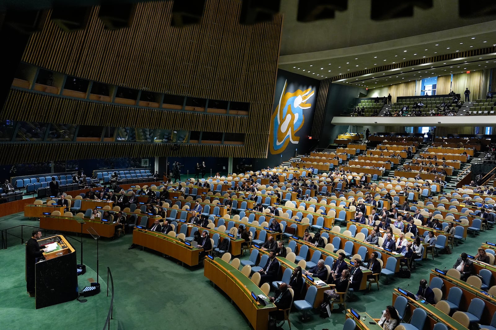 Ukraine President Volodymyr Zelenskyy addresses the 79th session of the United Nations General Assembly, Wednesday, Sept. 25, 2024, at UN headquarters. (AP Photo/Julia Demaree Nikhinson)