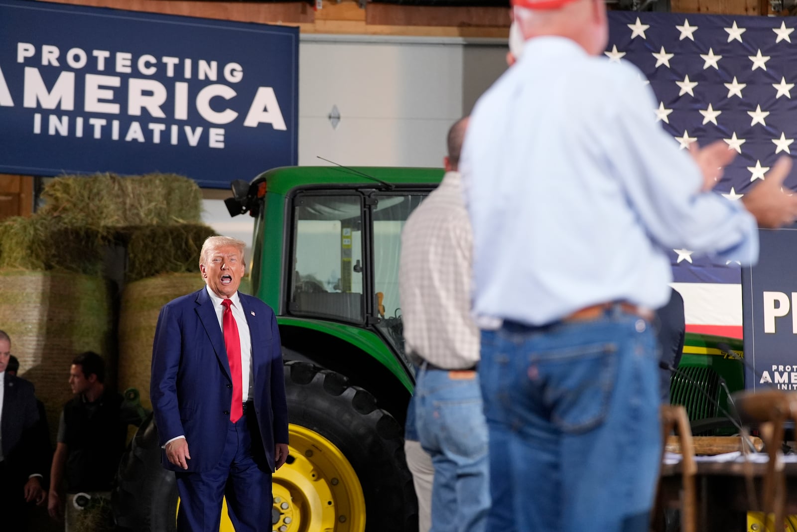 Republican presidential nominee former President Donald Trump arrives to speak at a campaign event at a farm, Monday, Sept. 23, 2024, in Smithton, Pa. (AP Photo/Alex Brandon)