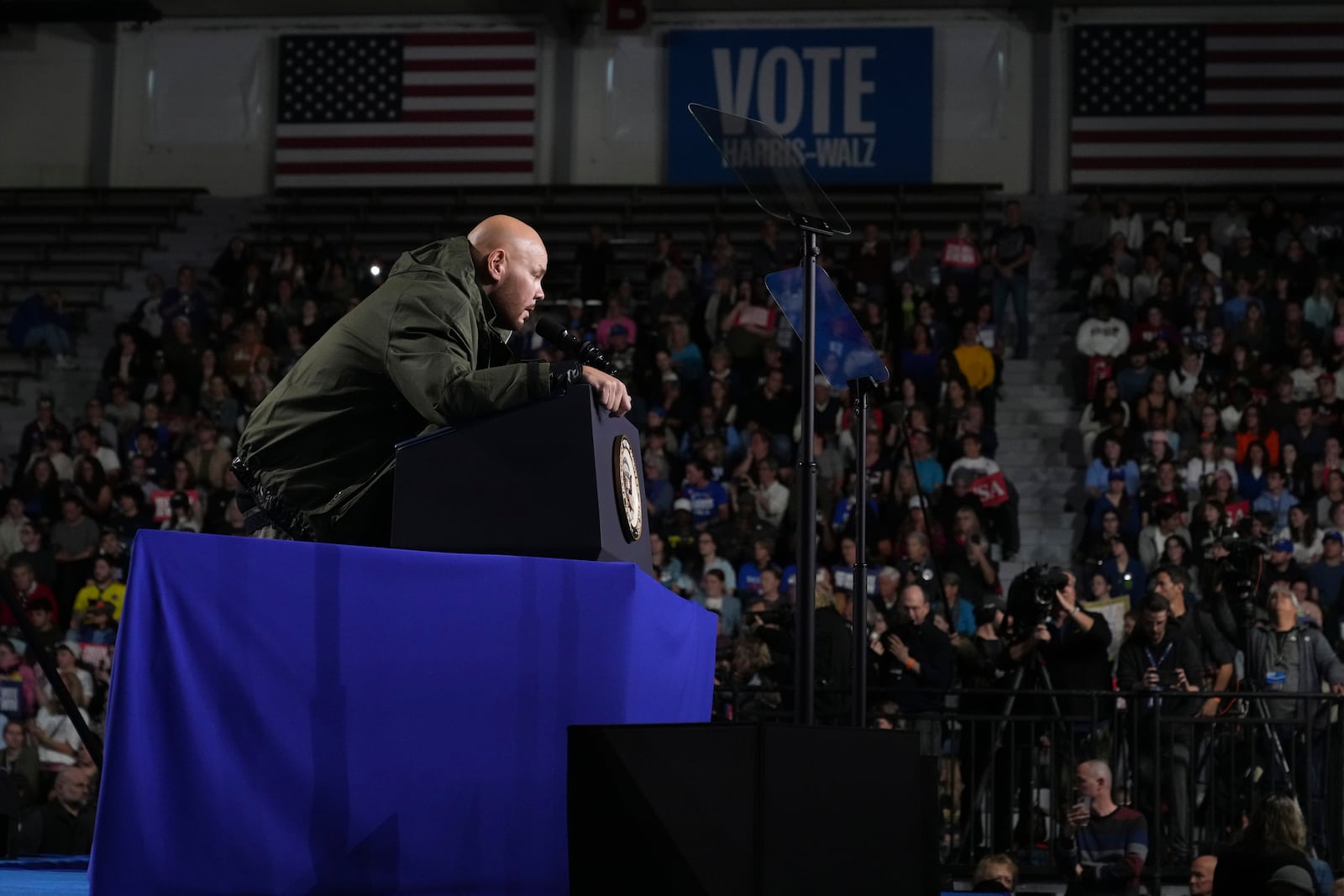 Rapper Fat Joe speaks at a campaign rally for Democratic presidential nominee Vice President Kamala Harris in Memorial Hall at Muhlenberg College in Allentown, Pa., Monday, Nov. 4, 2024. (AP Photo/Jacquelyn Martin)