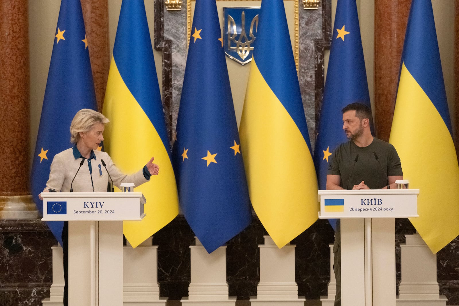 European Commission President Ursula von der Leyen speaks during joint press conference with Ukrainian President Volodymyr Zelenskyy in Kyiv, Ukraine, Friday, Sept. 20, 2024. (AP Photo/Efrem Lukatsky)