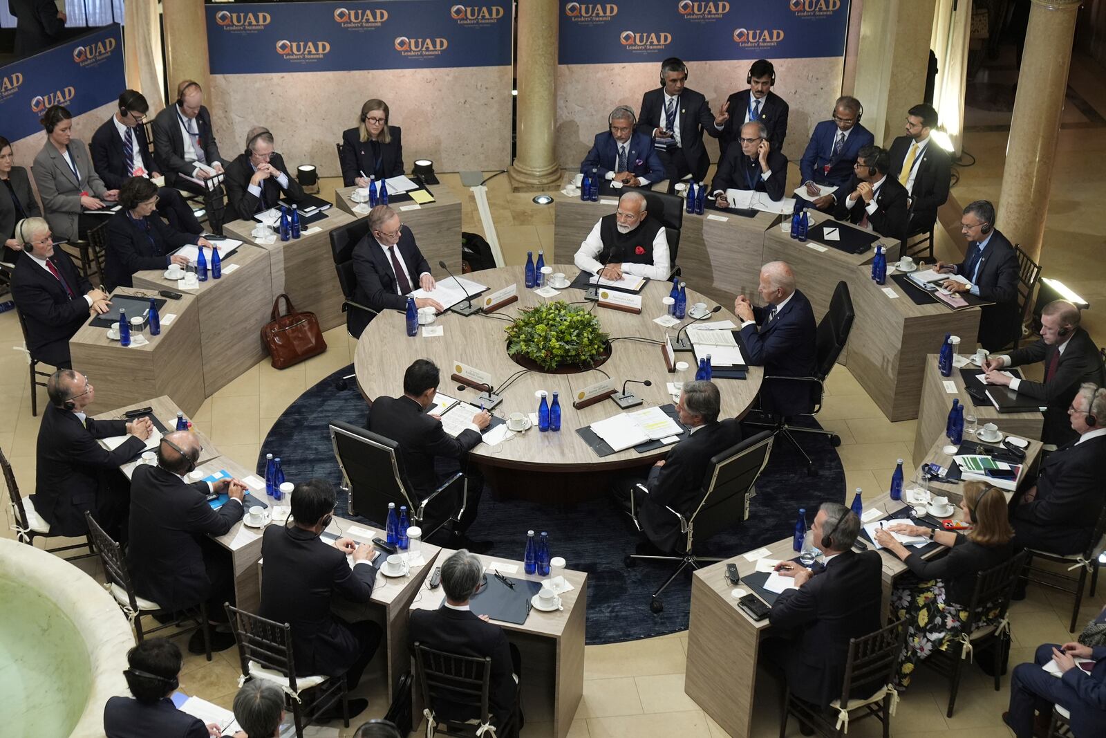 President Joe Biden, India's Prime Minister Narendra Modi, Australia's Prime Minister Anthony Albanese, Japan's Prime Minister Fumio Kishida and Secretary of State Antony Blinken, meet at the Quad leaders summit at Archmere Academy in Claymont, Del., Saturday, Sept. 21, 2024. (AP Photo/Mark Schiefelbein)