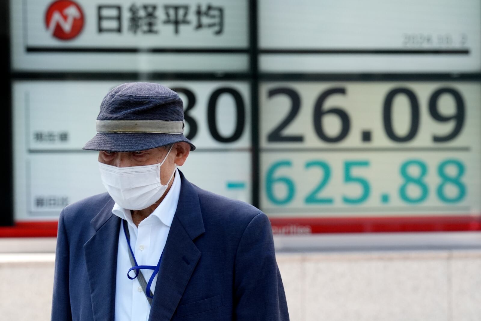 A person walks in front of an electronic stock board showing Japan's Nikkei index at a securities firm Wednesday, Oct. 2, 2024, in Tokyo. (AP Photo/Eugene Hoshiko)