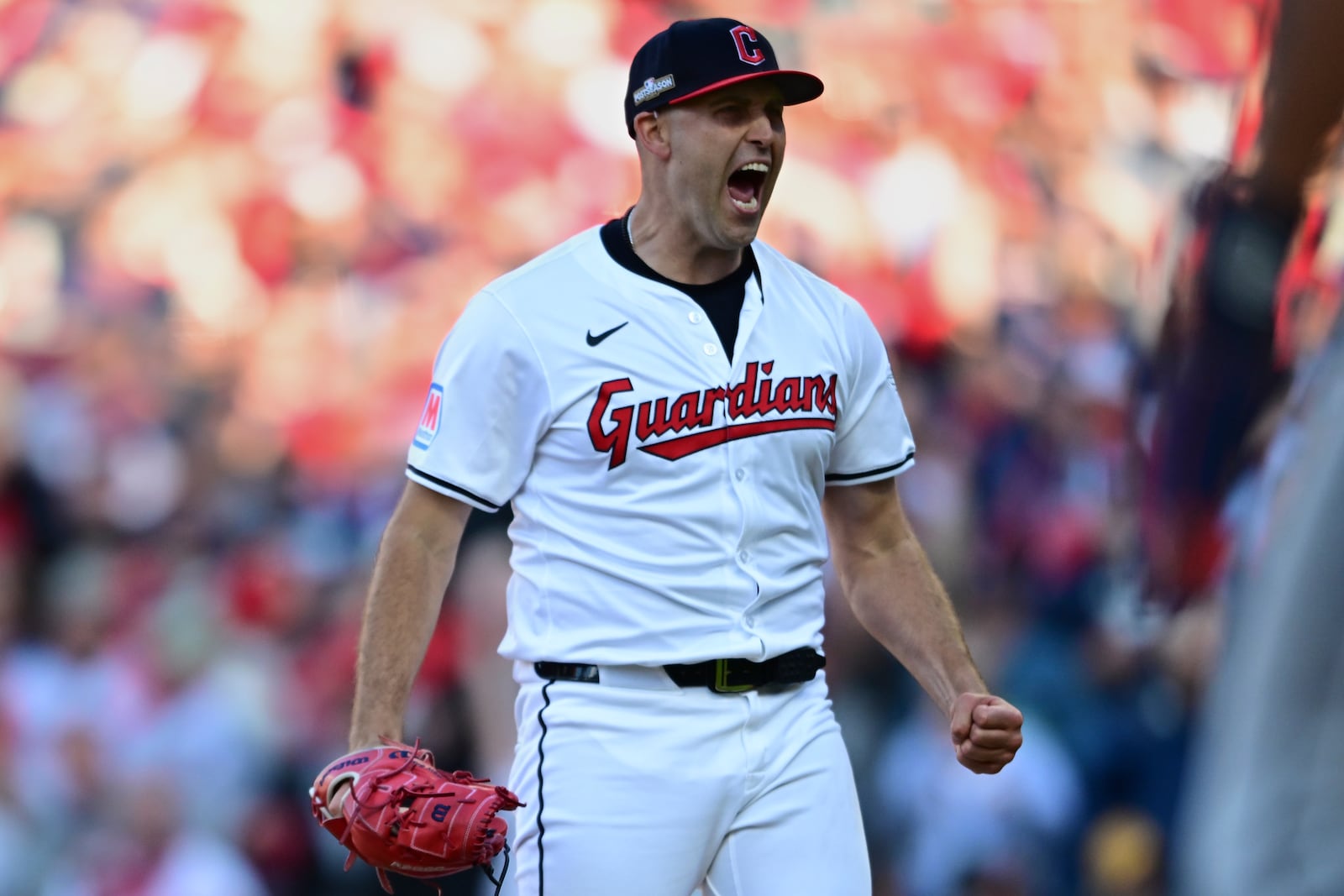 Cleveland Guardians starting pitcher Matthew Boyd shouts as he walks off the mound in the fourth inning during Game 2 of baseball's AL Division Series against the Detroit Tigers, Monday, Oct. 7, 2024, in Cleveland. (AP Photo/David Dermer)