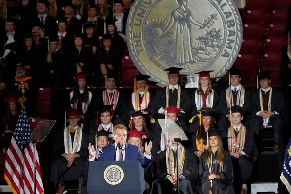 Nick Saban speaks before President Donald Trump arrives to give a commencement address at the University of Alabama, Thursday, May 1, 2025, in Tuscaloosa, Ala. (AP Photo/Mike Stewart)