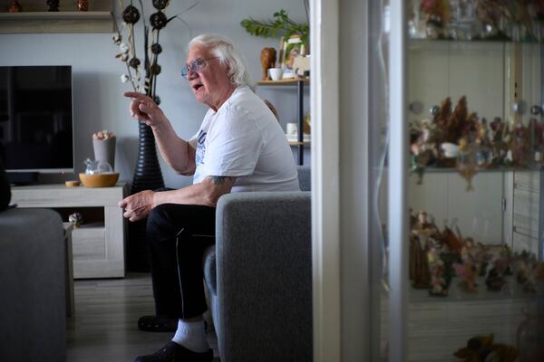 Ben Buitenhuis, a 83-year-old surivor of the 1944-1945 Hunger Winter, reacts during an interview in Delft, Netherlands, Tuesday, April 29, 2025. (AP Photo/Peter Dejong)
