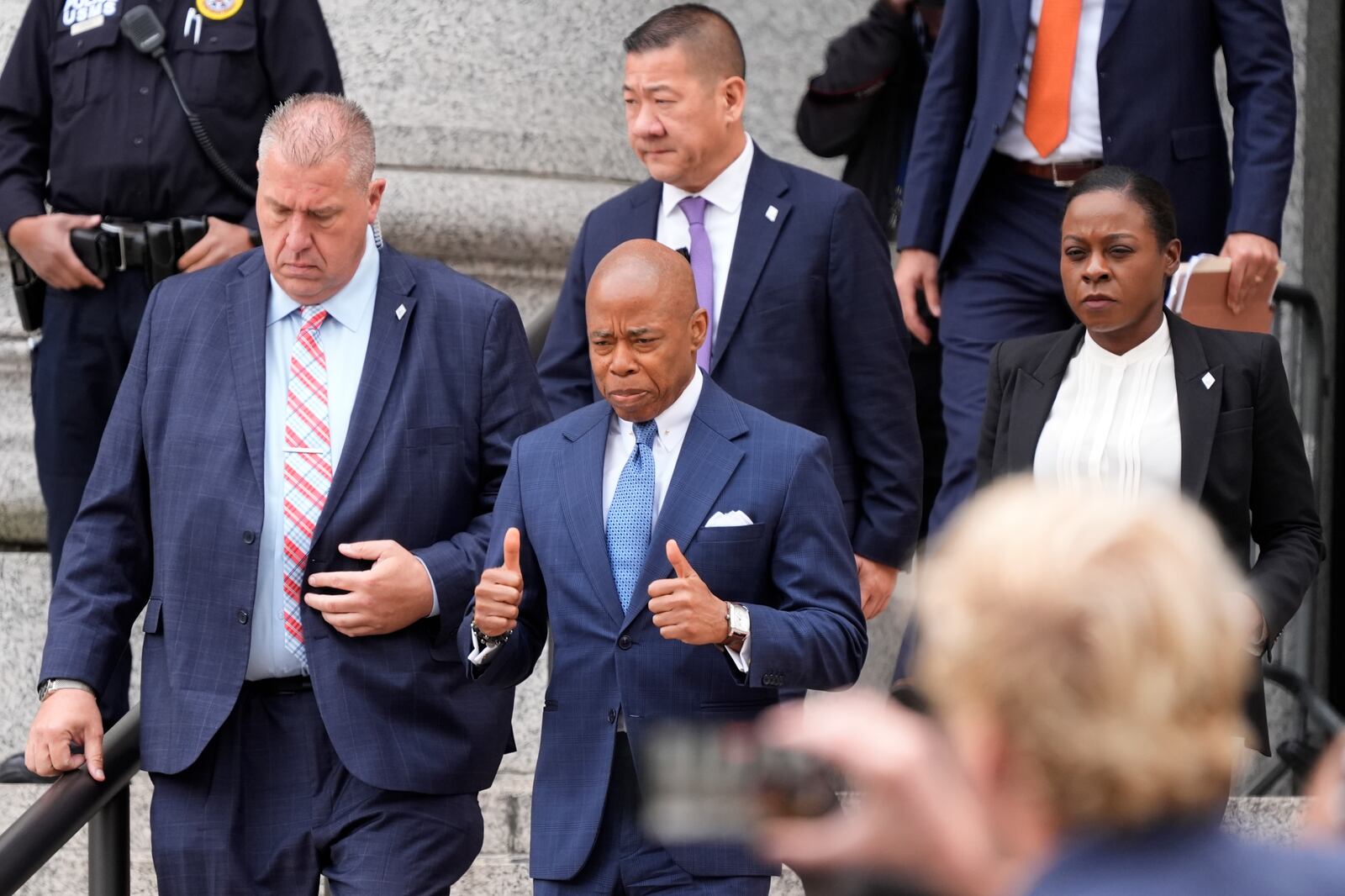 New York City Mayor Eric Adams leaves the Thurgood Marshall United States Courthouse in New York, Wednesday, Oct. 2, 2024. (AP Photo/Pamela Smith)