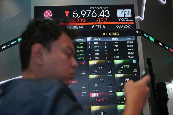 FILE - A man looks his mobile phone near electronic board displaying stock prices at the Indonesia Stock Exchange, in Jakarta, Indonesia, Wednesday, April 9, 2025. (AP Photo/Achmad Ibrahim, File)