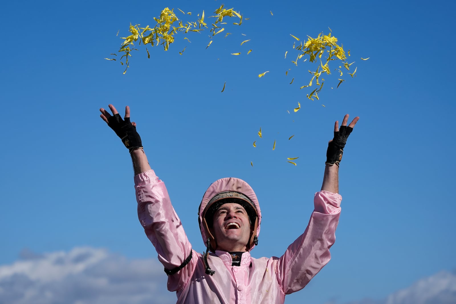 Flavien Prat celebrates after riding Sierra Leone to victory in the Breeders' Cup Classic horse race in Del Mar, Calif., Saturday, Nov. 2, 2024. (AP Photo/Gregory Bull)