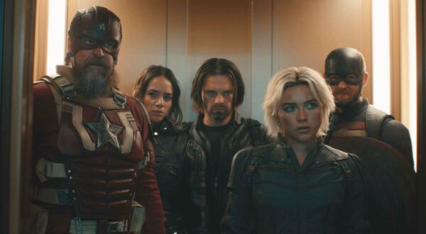 This image released by Marvel Studios shows, from left, David Harbour, Hannah John-Kamen, Sebastian Stan, Florence Pugh and Wyatt Russell in a scene from "Thunderbolts." (Disney-Marvel Studios via AP)