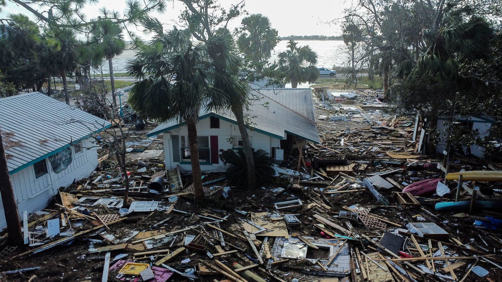 Destruction to the Faraway Inn Cottages and Motel is seen in the aftermath of Hurricane Helene, in Cedar Key, Fla., Friday, Sept. 27, 2024. (AP Photo/Stephen Smith)