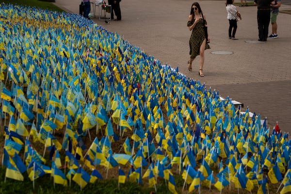 Ukrainian flags to honor soldiers killed fighting Russian troops, are placed on the grass in Kiev's Independence Square, Ukraine, Sunday, Aug. 28, 2022. (AP Photo/Emilio Morenatti)