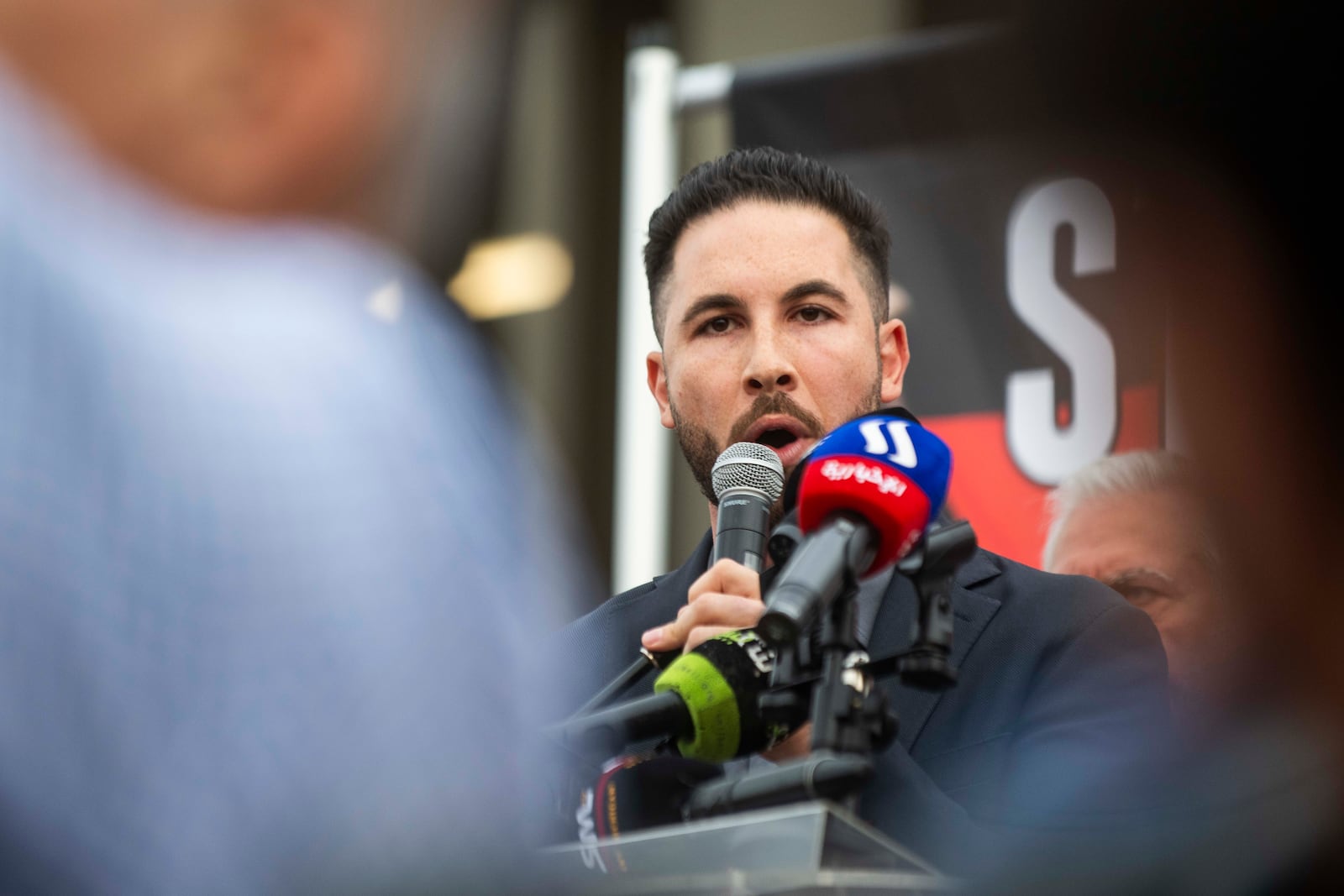 Dearborn Mayor Abdullah Hammoud speaks during a rally to show support for Lebanon as the conflict in the Middle East escalates, Wednesday, Sept. 25, 2024 in front of the Henry Ford Centennial Library in Dearborn, Mich. (Katy Kildee/Detroit News via AP)