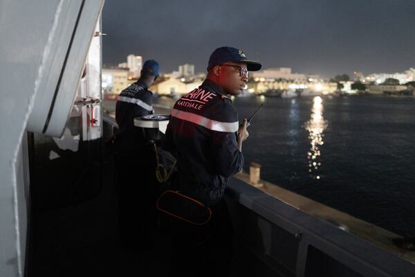 Senegalese sailors on the patrol vessel Niani attend a mission to search for illegal migrant boats near the coast of Dakar, Senegal, Saturday, Nov.16, 2024. (AP Photo/Sylvain Cherkaoui)