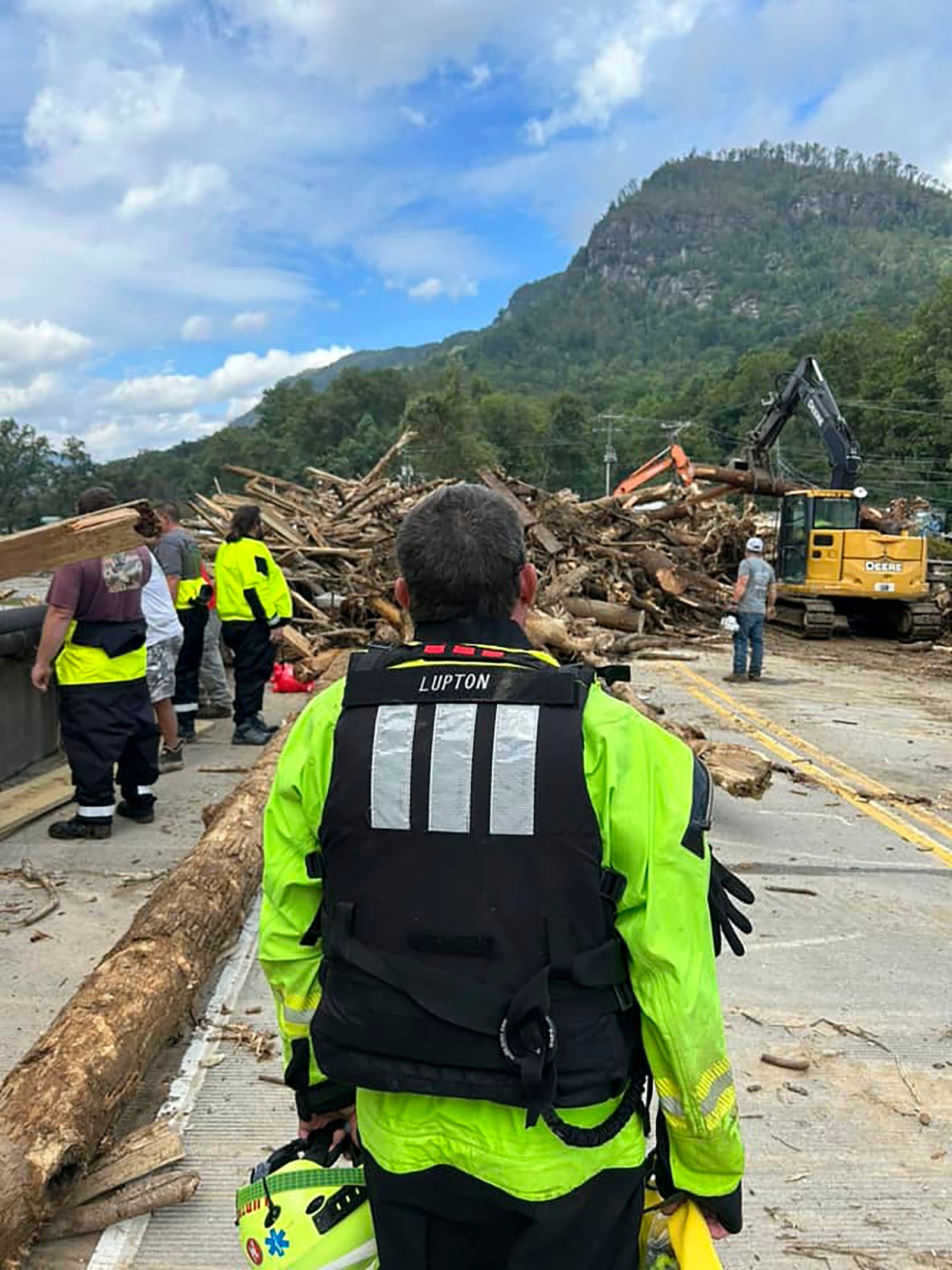 Rescue workers from the Pamlico County rescue team are shown working in the aftermath of Helene the area of Chimney Rock, N.C., Saturday, Sept. 28, 2024. (Pamlico County Special Operations via AP)