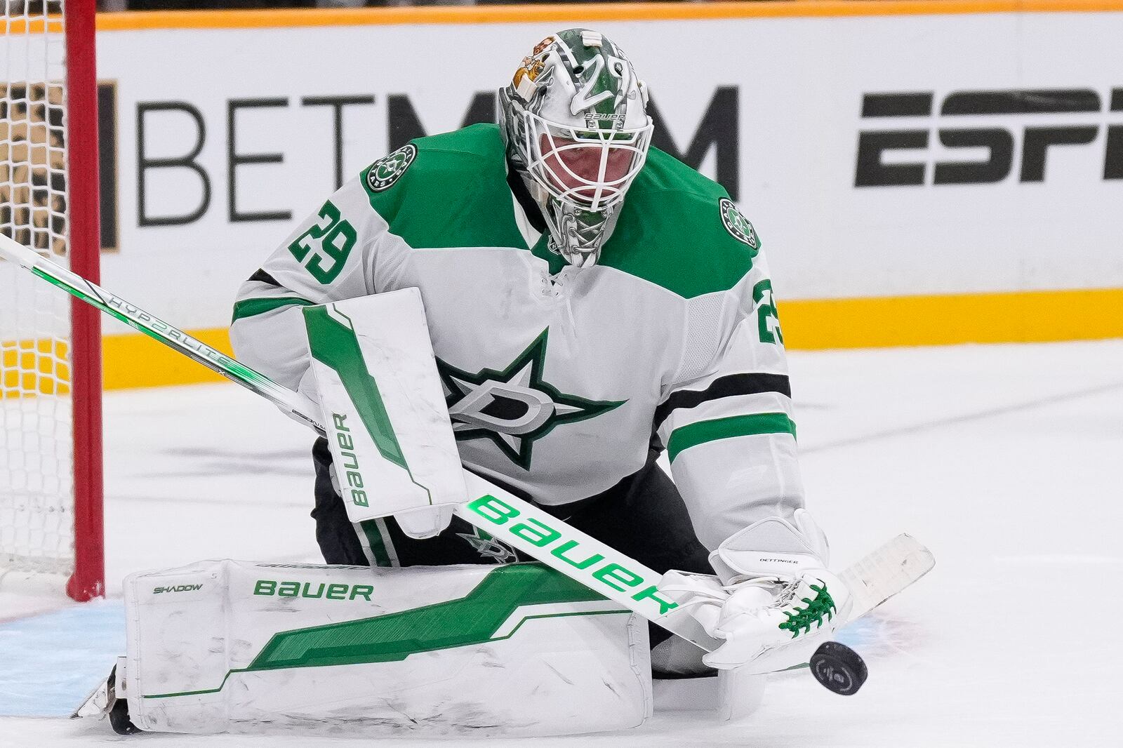 Dallas Stars goaltender Jake Oettinger (29) blocks a shot on goal during the second period of an NHL hockey game against the Nashville Predators, Thursday, Oct. 10, 2024, in Nashville, Tenn. (AP Photo/George Walker IV)