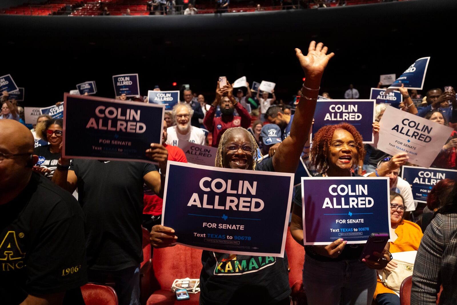 Berteal Binion and Linda Terry cheer as Rep. Colin Allred, D-Texas, takes the stage during a get-out-the-vote rally at Texas Southern University on Tuesday, Oct. 29, 2024, in Houston. (AP Photo/Annie Mulligan)