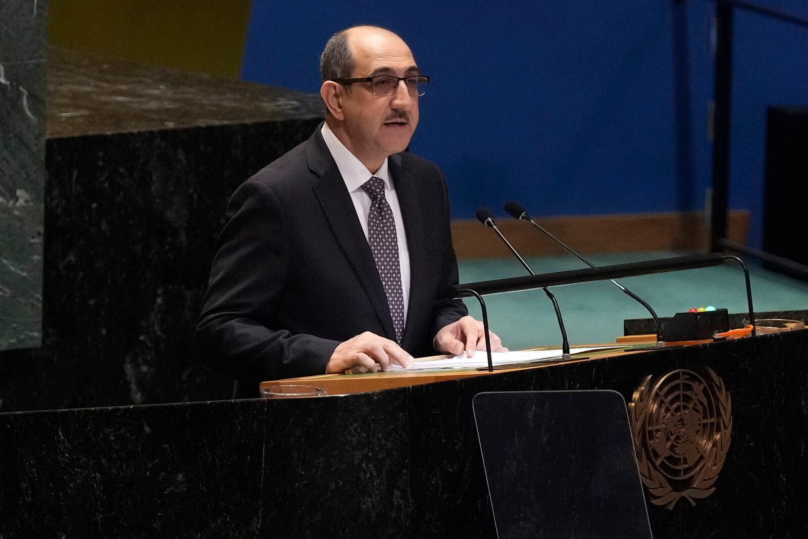 Syria Foreign Minister Bassam Sabbagh addresses the 79th session of the United Nations General Assembly, Monday, Sept. 30, 2024. (AP Photo/Richard Drew)