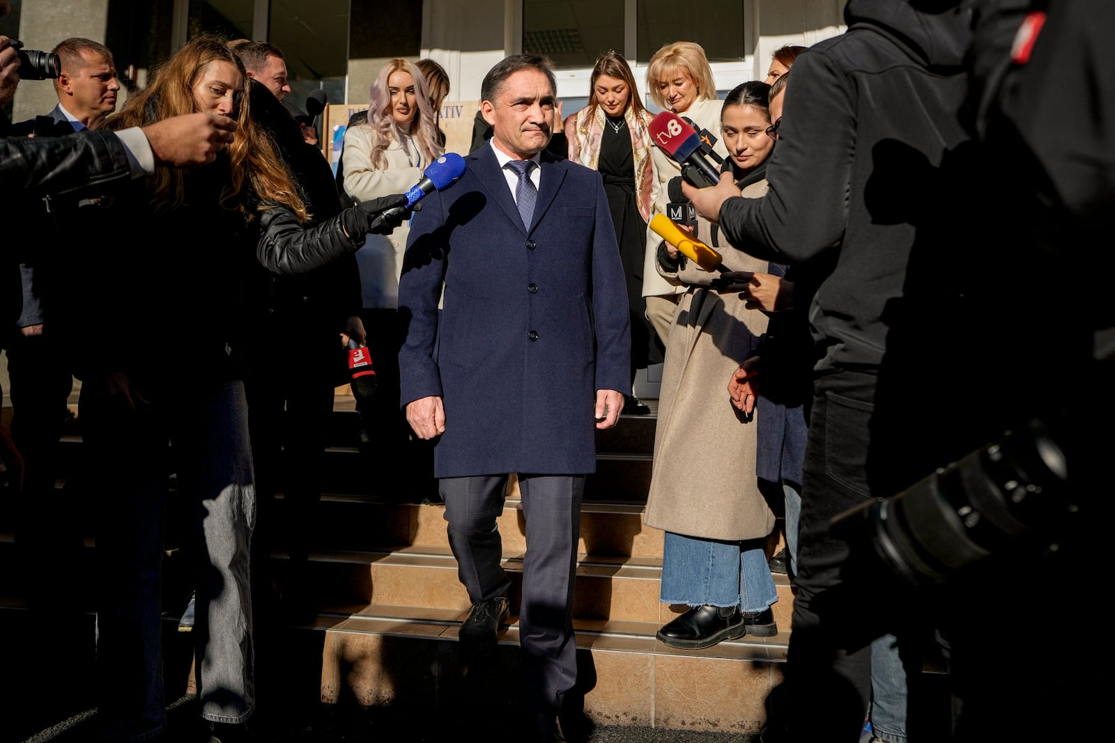 Alexandr Stoianoglo, presidential candidate of the Socialists' Party of Moldova (PSRM), leaves a voting station after casting his vote, in Chisinau, Moldova, Sunday, Nov. 3, 2024, during a presidential election runoff. (AP Photo/Vadim Ghirda)