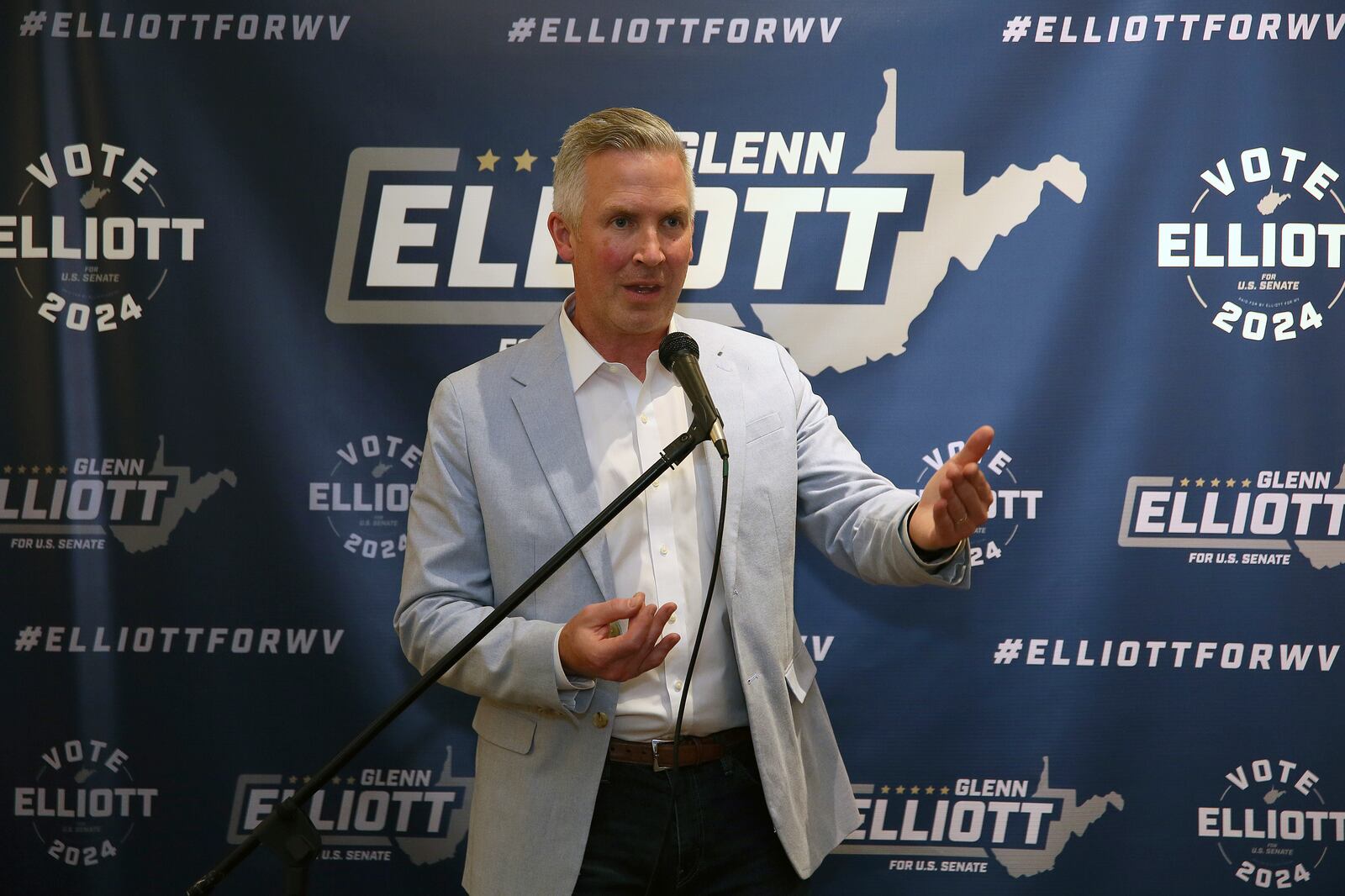 FILE - West Virginia Democratic Senate candidate Glenn Elliott gives a victory speech during the primary election results, May 14, 2024, in Wheeling, W.Va. (AP Photo/Kathleen Batten, File)