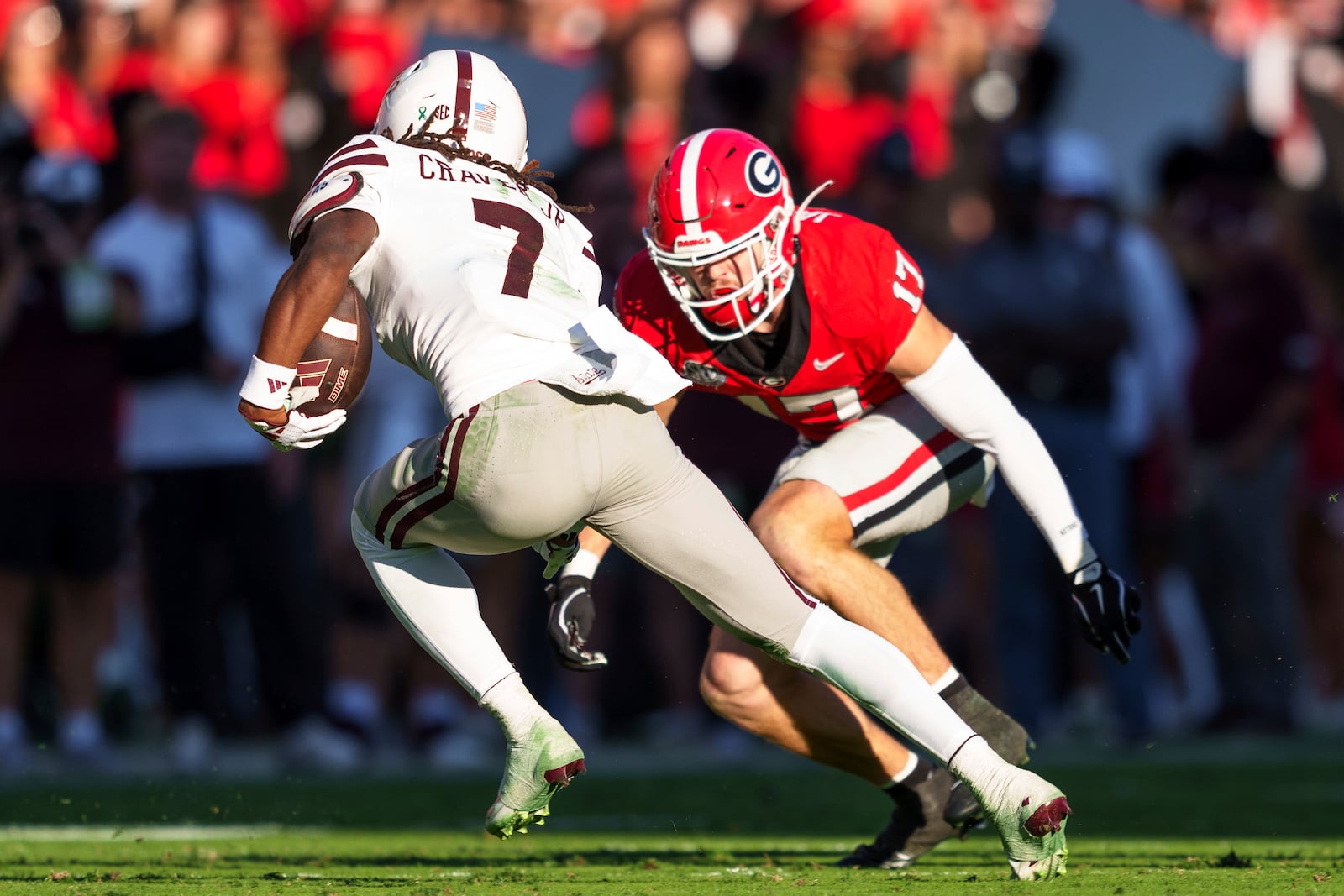 Mississippi State wide receiver Mario Craver (7) runs the ball during an NCAA college football game against Georgia, Saturday, Oct. 12, 2024, in Athens, Ga. (AP Photo/Jason Allen)