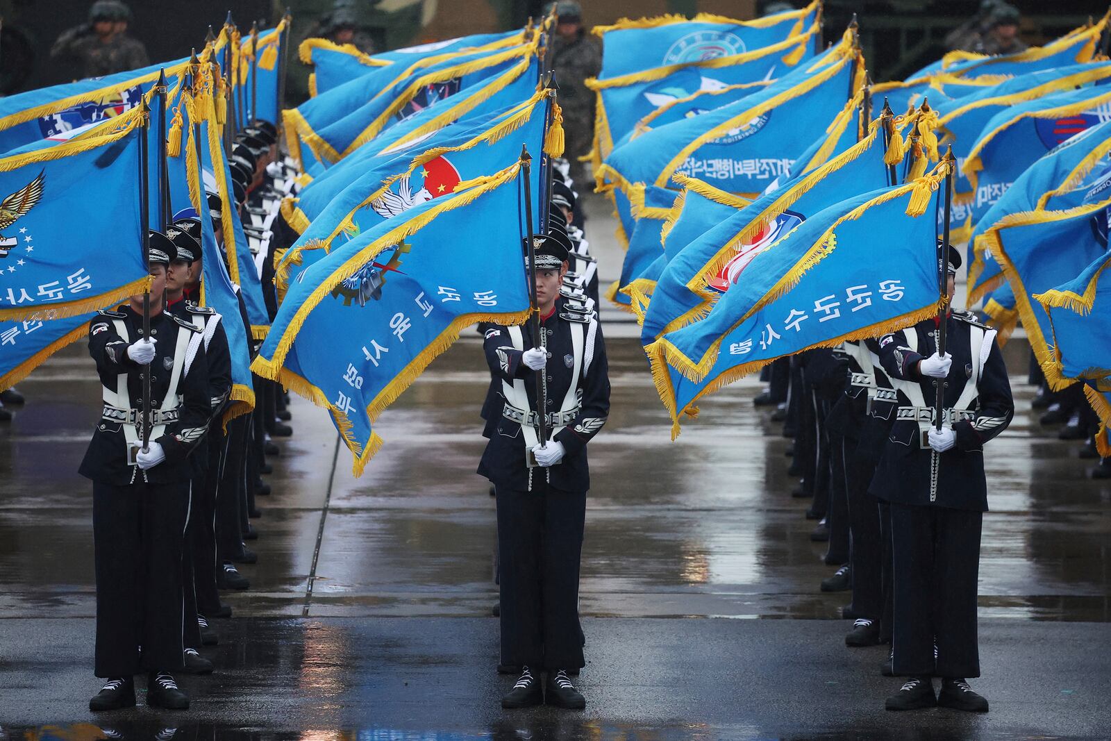 Members of South Korean Air Force's honor guards attend a celebration to mark 76th anniversary of Korea Armed Forces Day, in Seongnam, South Korea, Tuesday, Oct.1, 2024. (Kim Hong-Ji/Pool Photo via AP)