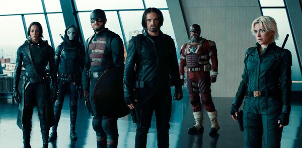 This image released by Marvel Studios shows, from left, Hannah John-Kamen, Olga Kurylenko, Wyatt Russell, Sebastian Stan, David Harbour and Florence Pugh in a scene from "Thunderbolts." (Disney-Marvel Studios via AP)