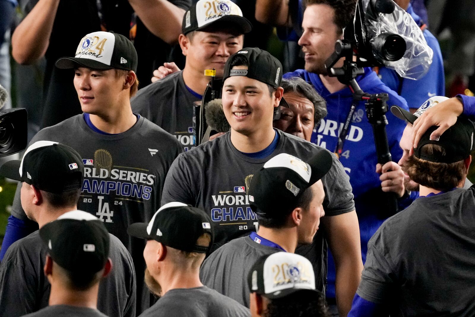 Los Angeles Dodgers' Shohei Ohtani celebrates their win against the New York Yankees in Game 5 to win the baseball World Series, Thursday, Oct. 31, 2024, in New York. (AP Photo/Frank Franklin II)