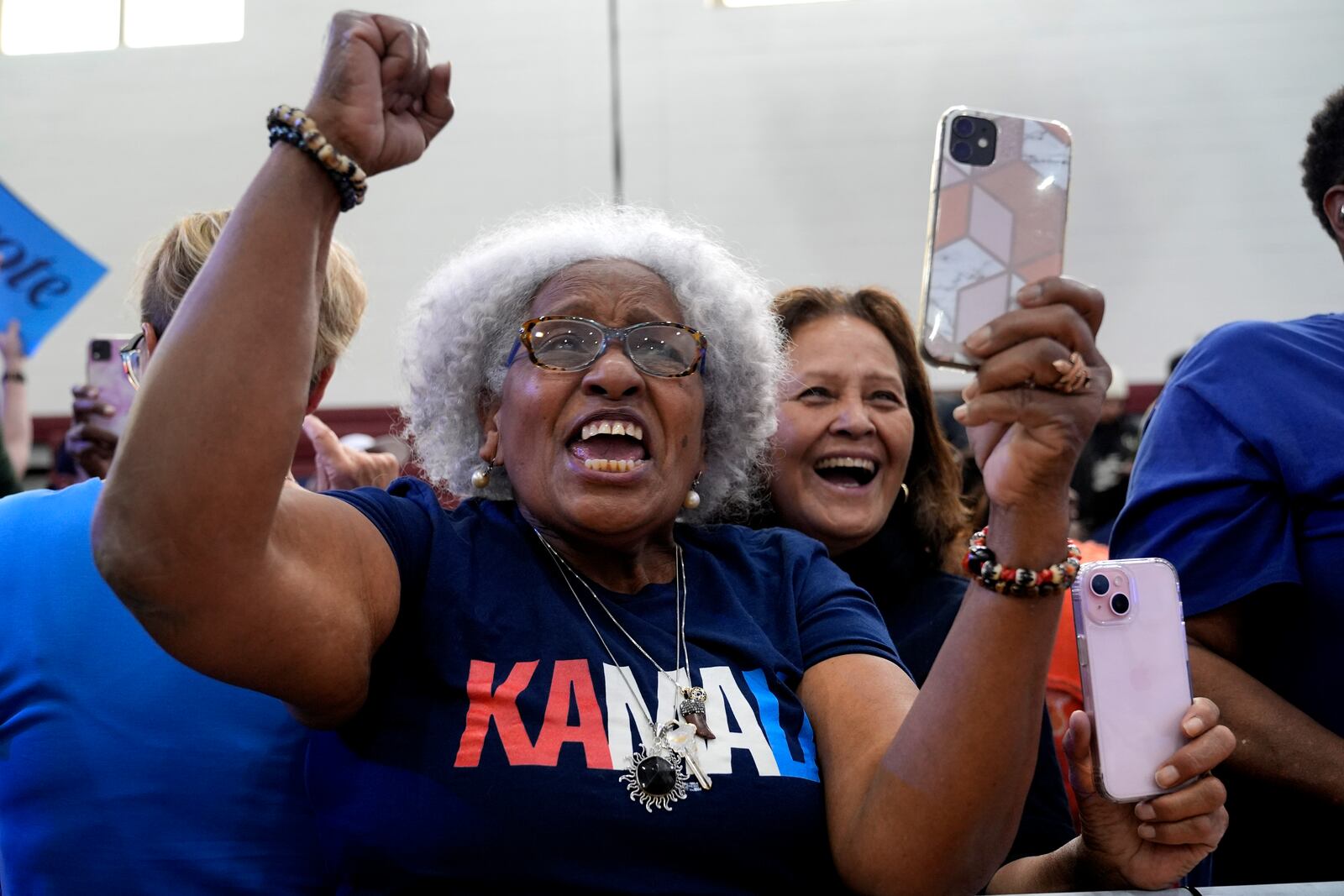 Supporters watch as Democratic presidential nominee Vice President Kamala Harris speaks during a campaign event at Western International High School in Detroit, Saturday, Oct. 19, 2024. (AP Photo/Jacquelyn Martin)