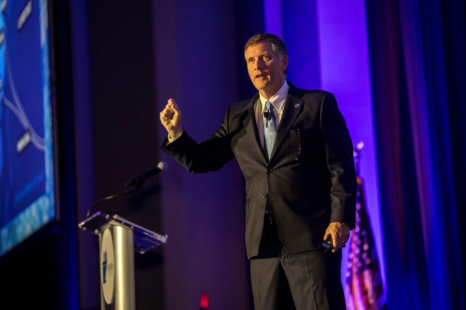 FILE - In this photo provided by the Georgia Ports Authority, Griff Lynch, President and CEO of the Georgia Ports Authority, provides an update on the Port of Savannah's progress and future trajectory to 1,200 leaders from the maritime, supply chain, business and political sectors Thursday, Oct. 12, 2023, during the annual State of the Port event in Savannah, Ga. (Stephen B. Morton/Georgia Ports Authority via AP, File)