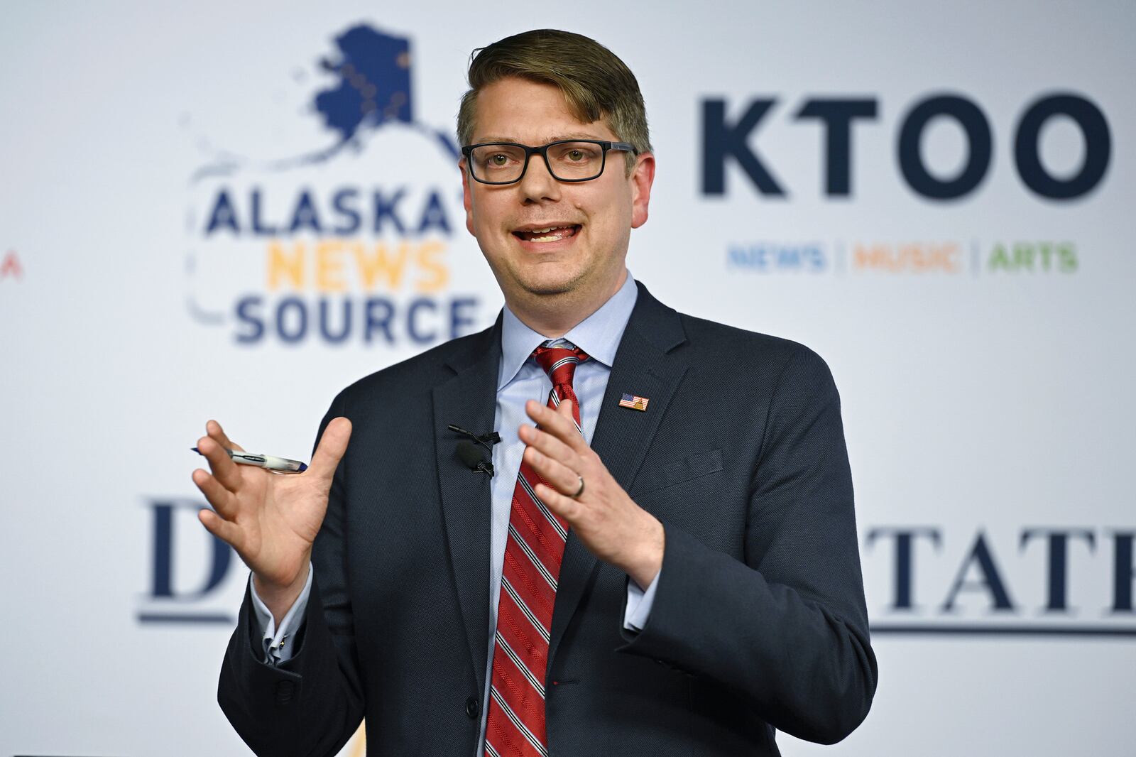 FILE - Republican U.S. House candidate Nick Begich answers a question during a debate on live television with incumbent Democratic Rep. Mary Peltola at Alaska Public Media on Thursday, Oct. 10, 2024, in Anchorage, Alaska. (Bill Roth/Anchorage Daily News via AP, File)