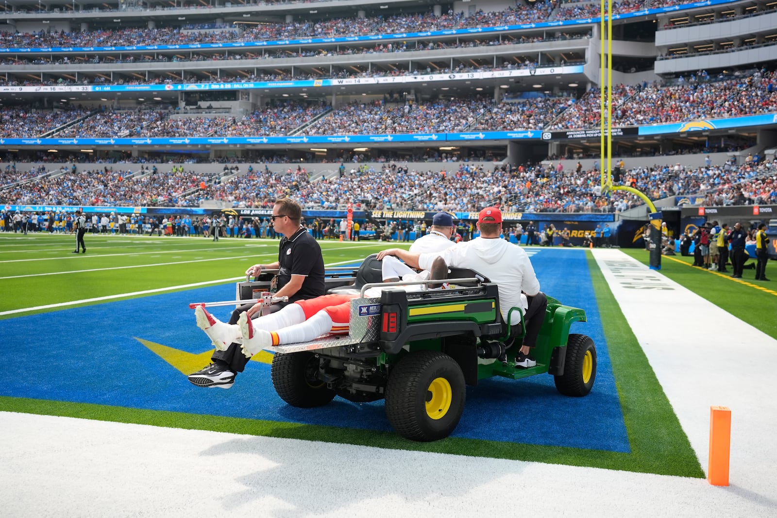 Kansas City Chiefs wide receiver Rashee Rice is taken off the field on a cart after being injured during the first half of an NFL football game against the Los Angeles Chargers Sunday, Sept. 29, 2024, in Inglewood, Calif. (AP Photo/Ashley Landis)