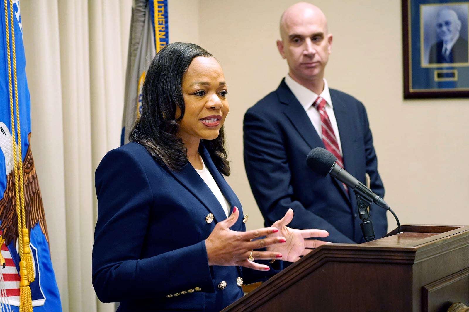 FILE - Assistant Attorney General Kristen Clarke of the U.S. Department of Justice Civil Rights Division announces an investigation into the City of Lexington, Miss., and the Lexington Police Department, as U.S. Attorney Todd W. Gee looks on, in Jackson, Miss., Nov. 8, 2023. (AP Photo/Rogelio V. Solis, File)