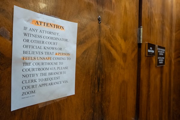 A sign is posted outside of county Judge Hannah Dugan's courtroom at the Milwaukee County courthouse, on Friday, April 25, 2025, in Milwaukee. (AP Photo/Andy Manis)