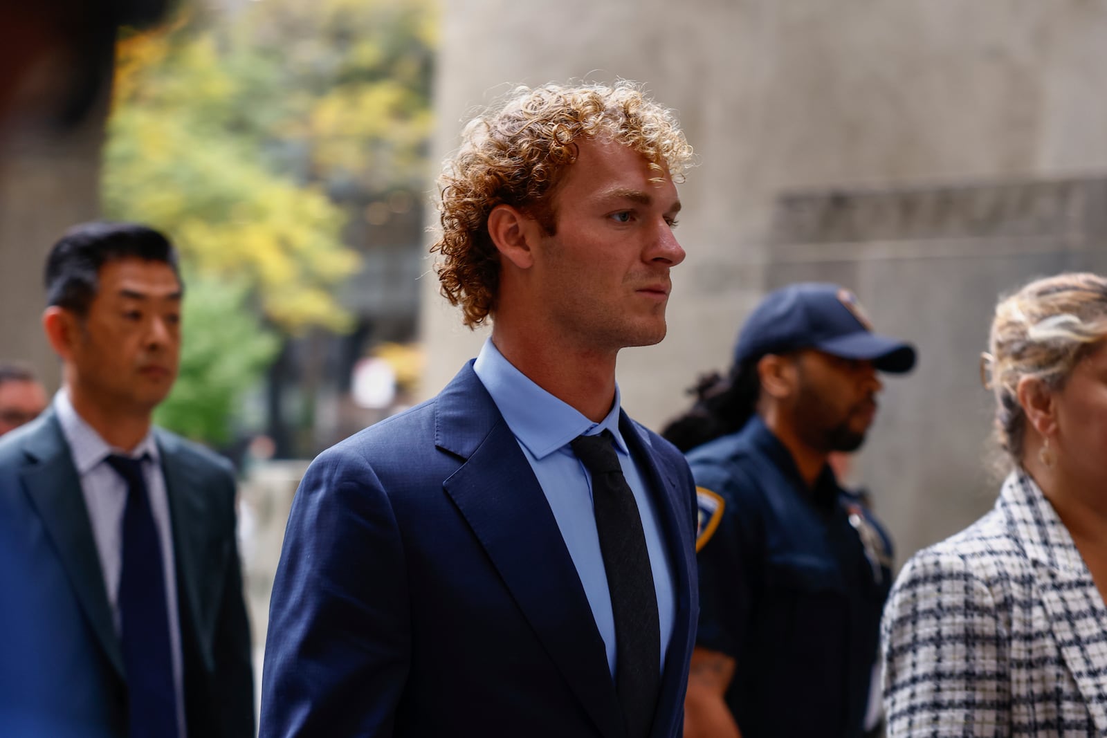 Daniel Penny, accused of choking a distressed Black subway rider to death, arrives for opening statements in New York, Friday, Nov. 1, 2024.(AP Photo/Kena Betancur)