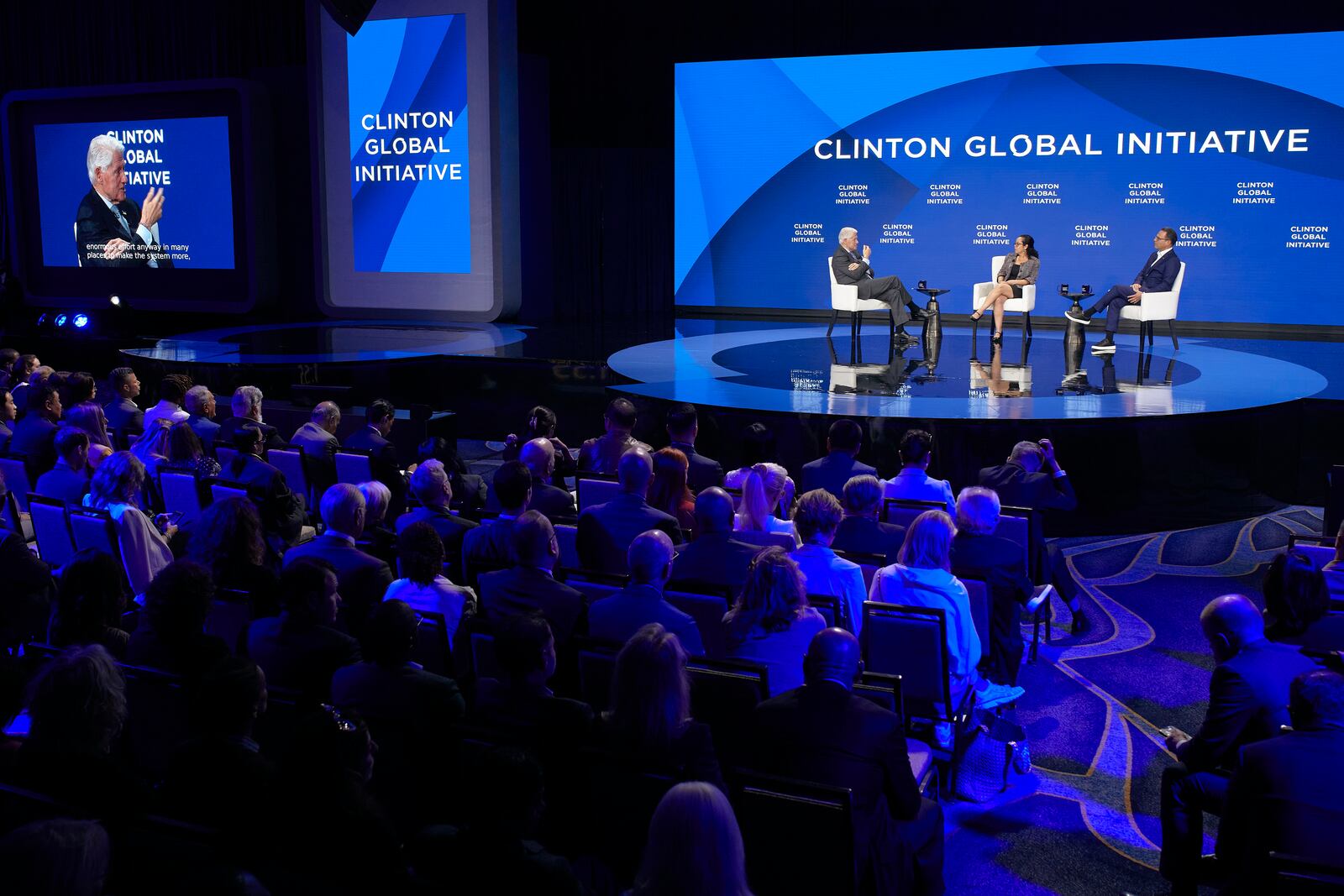 Bill Clinton, Founder and Board Chair of the Clinton Foundation & 42nd President of the United States, speaks to guess during the Clinton Global Initiative, on Monday, Sept. 23, 2024, in New York. (AP Photo/Andres Kudacki)