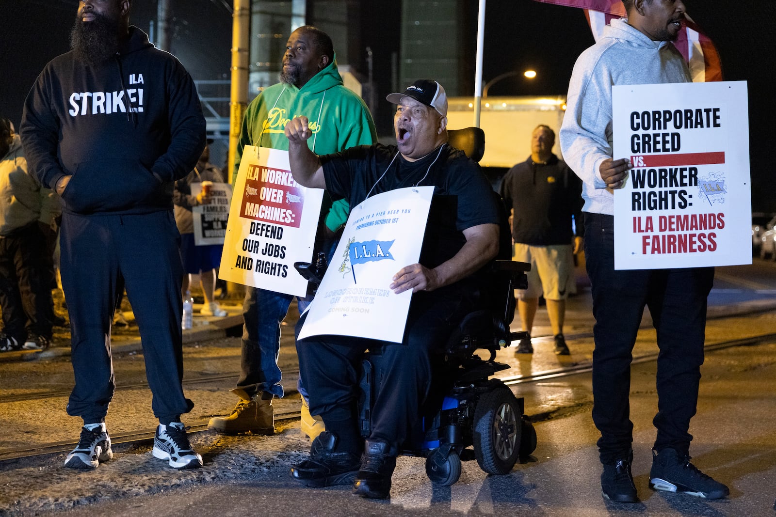 Boise Butler, president of Local 1291, chants along with his fellow longshoremen outside the Packer Avenue Marine Terminal Port in Philadelphia, Tuesday, Oct. 1, 2024. (AP Photo/Ryan Collerd)