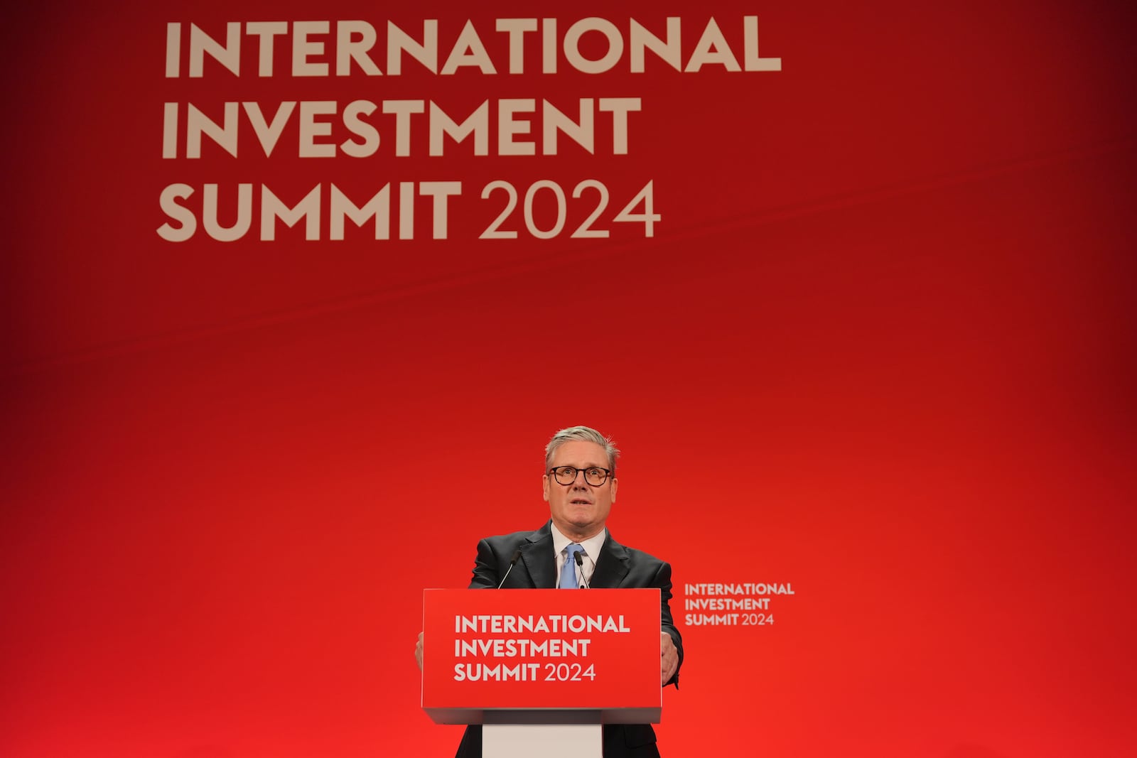 Britain's Prime Minister Keir Starmer speaks during the International Investment Summit in London, Monday, Oct. 14, 2024. (Jonathan Brady/Pool Photo via AP)