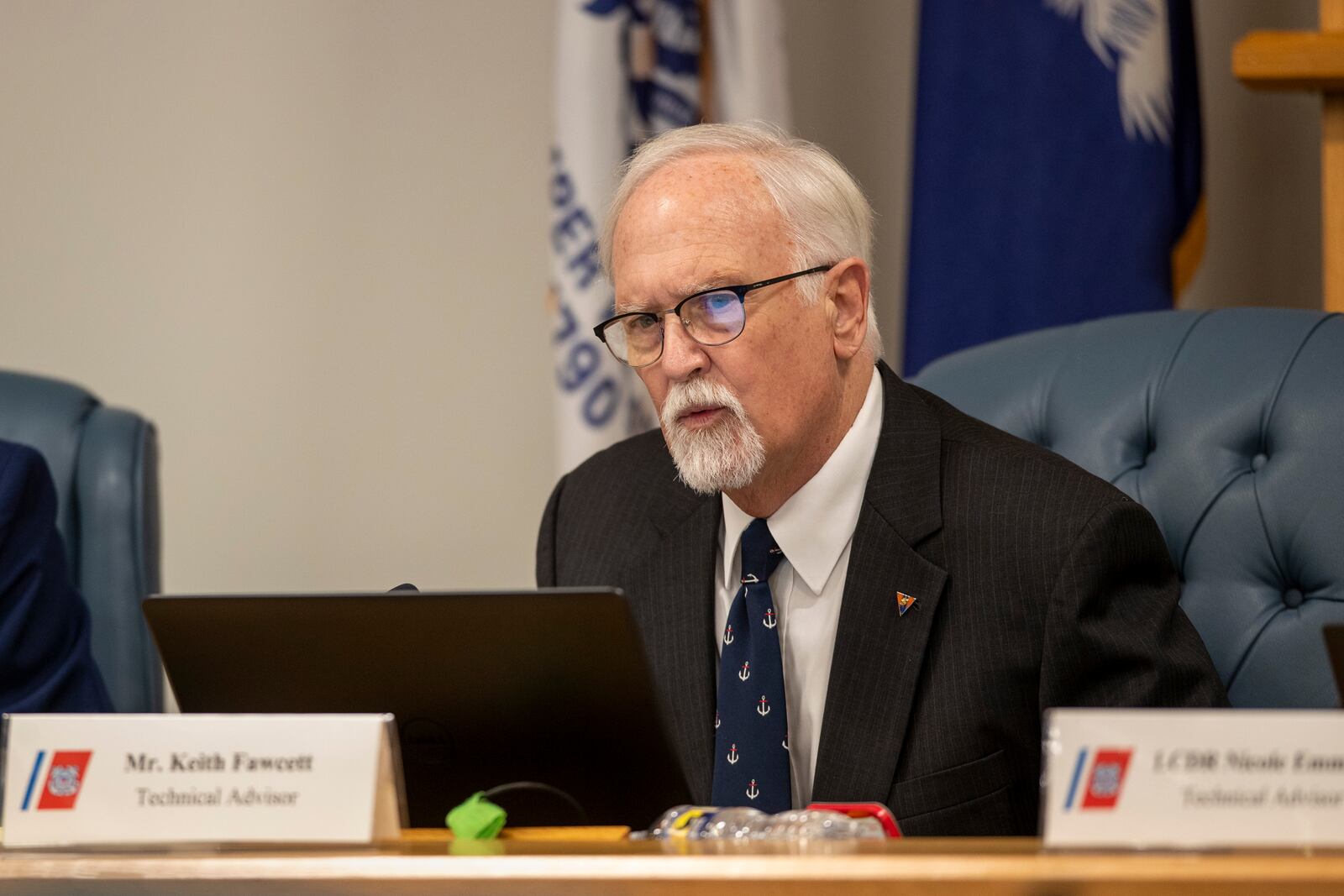 Keith Fawcett, technical advisor for the Coast Guard's Titan Submersible Marine Board of Investigation, asks questions during a formal hearing inside the Charleston County Council Chambers, Monday, Sept. 23, 2024, in North Charleston, S.C. (Laura Bilson/The Post And Courier via AP, Pool)