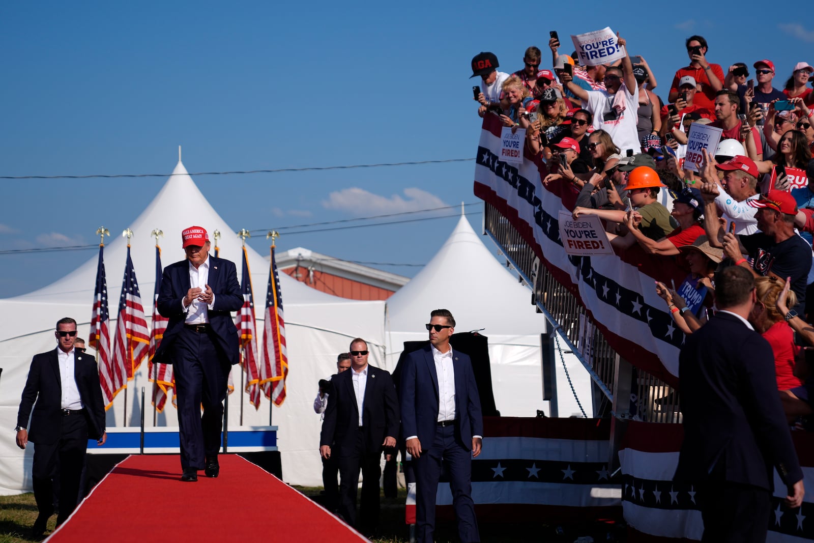 FILE - Republican presidential candidate former President Donald Trump arrives for a campaign rally, July 13, 2024, in Butler, Pa. (AP Photo/Evan Vucci, File)