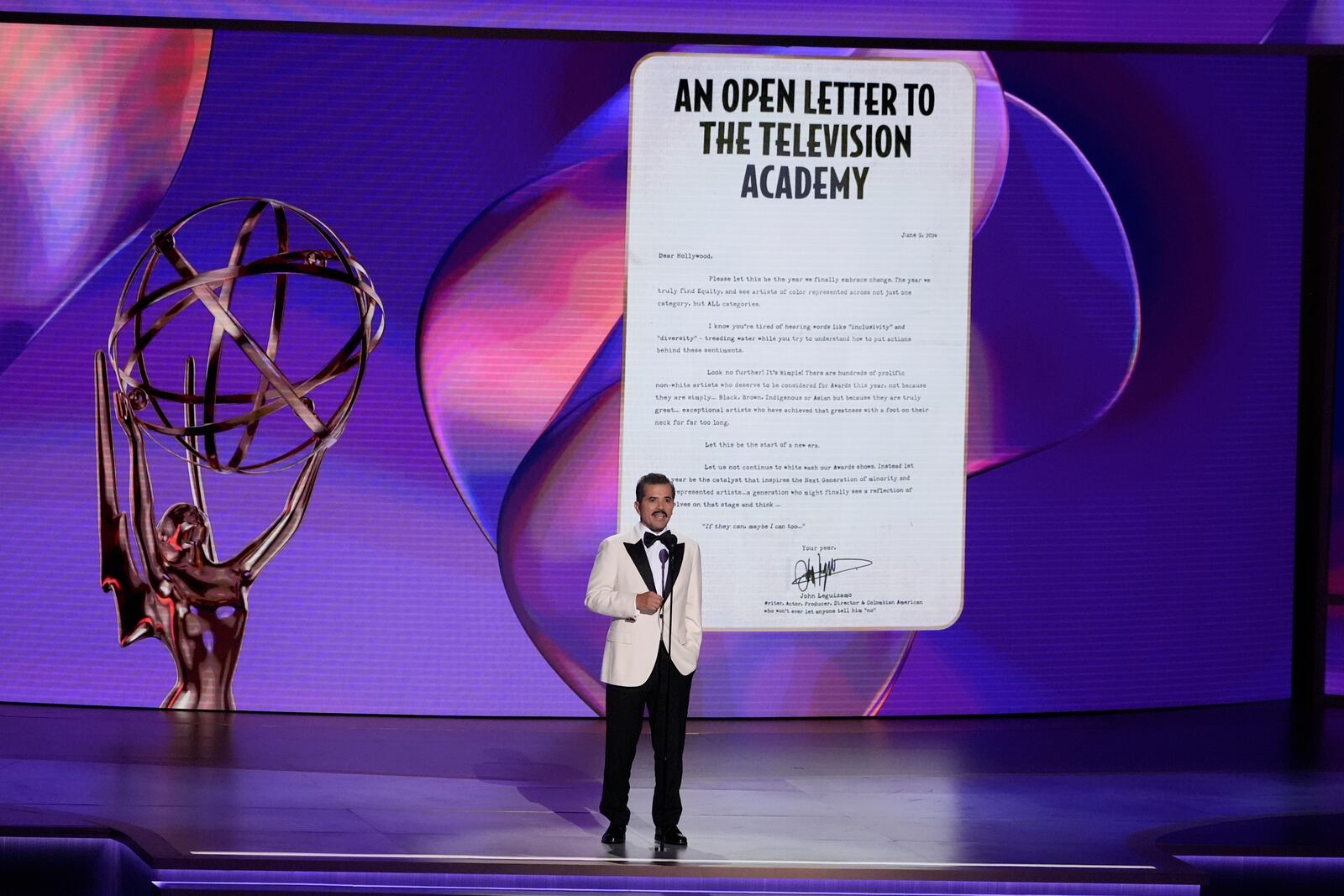 John Leguizamo speaks during the 76th Primetime Emmy Awards on Sunday, Sept. 15, 2024, at the Peacock Theater in Los Angeles. (AP Photo/Chris Pizzello)