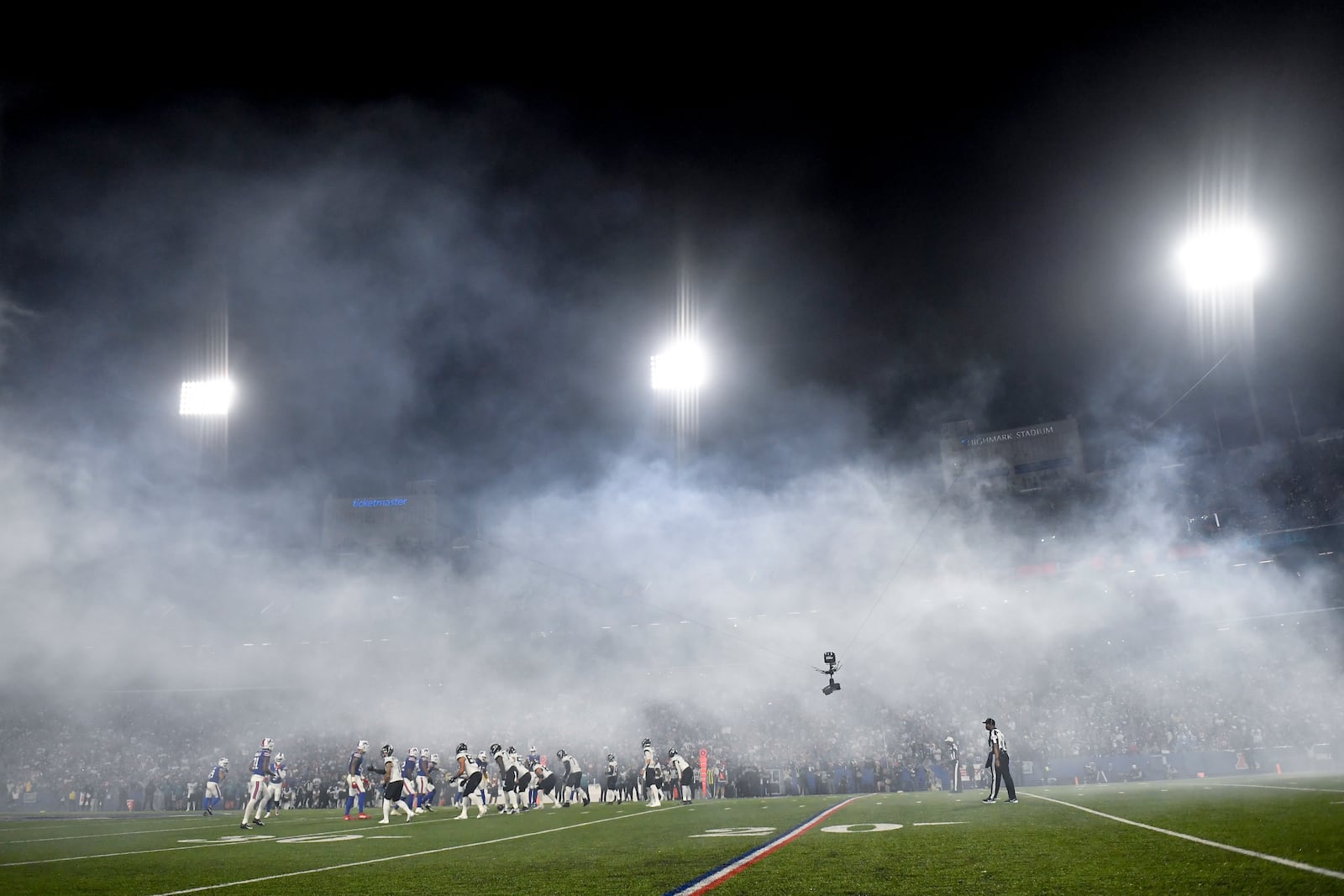 The Jacksonville Jaguars line up against the Buffalo Bills during the first half of an NFL football game Monday, Sept. 23, 2024, in Orchard Park, NY. (AP Photo/Adrian Kraus)