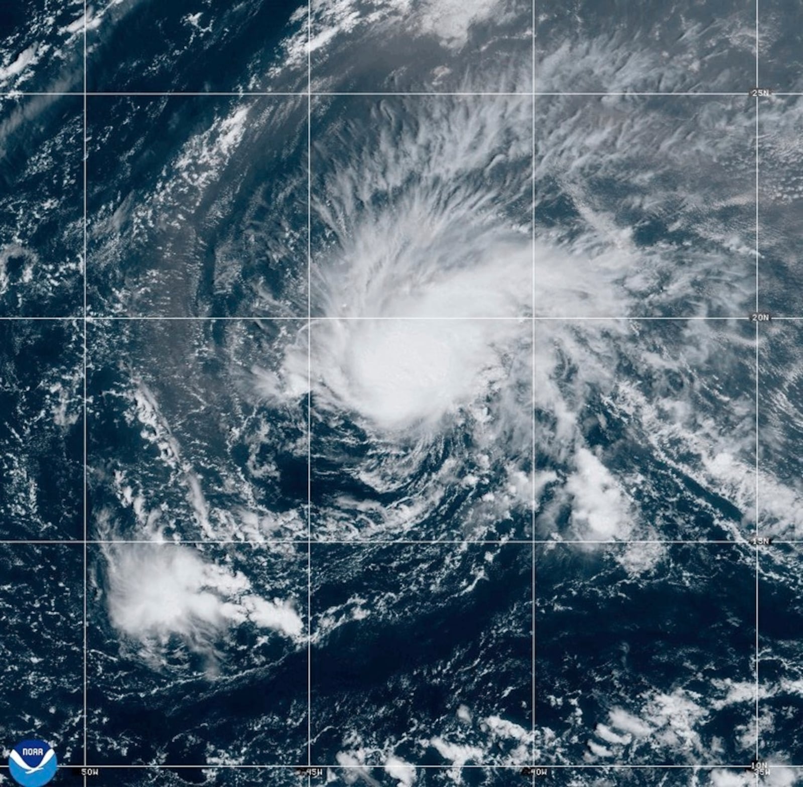 This satellite map provided by National Oceanic and Atmospheric Administration (NOAA) shows Tropical Storm Joyce in the Atlantic on Friday, Sept. 27, 2024. (NOAA via AP)