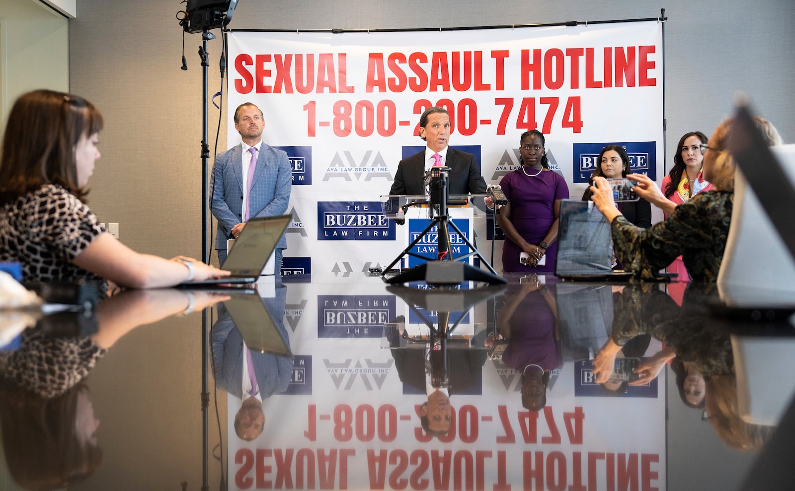 Houston lawyer Tony Buzbee holds a news conference at his office announcing that he's representing 120 accusers who have come forward with sexual misconduct allegations against Sean “Diddy” Combs, the hip-hop mogul who is awaiting trial on sex trafficking charges, Tuesday, Oct. 1, 2024, in Houston. (Elizabeth Conley/Houston Chronicle via AP)