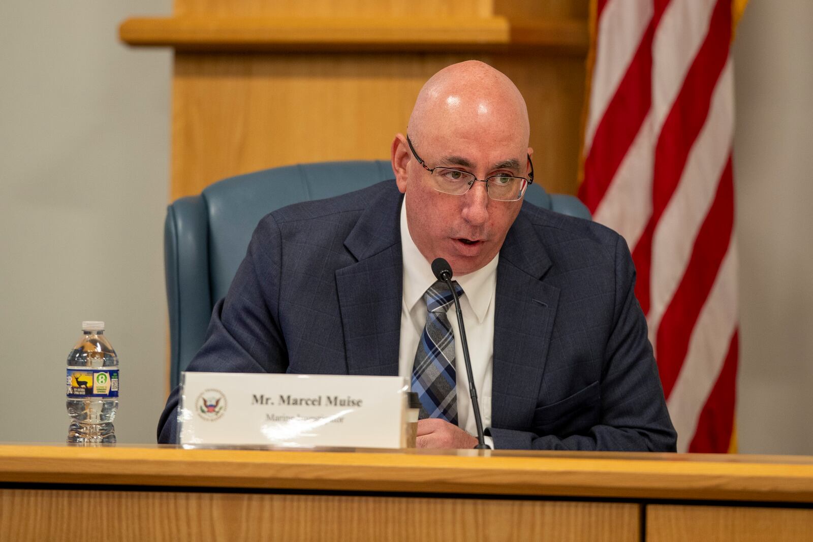 Marcel Muise, marine investigator for the Coast Guard's Titan Submersible Marine Board of Investigation, asks questions during a formal hearing inside the Charleston County Council Chambers, Monday, Sept. 23, 2024, in North Charleston, S.C. (Laura Bilson/The Post And Courier via AP, Pool)