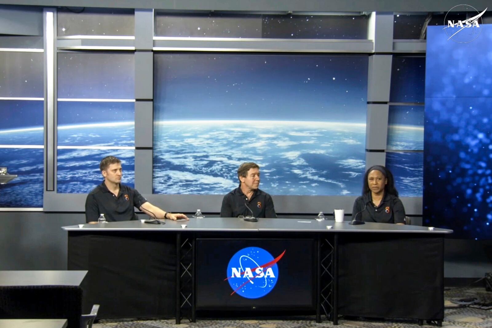 In this image from video provided by NASA, astronauts Matthew Dominick, Michael Barratt and Jeanette Epps participate in a news conference at the agency’s Johnson Space Center in Houston on Friday, Nov. 8, 2024. (NASA via AP)