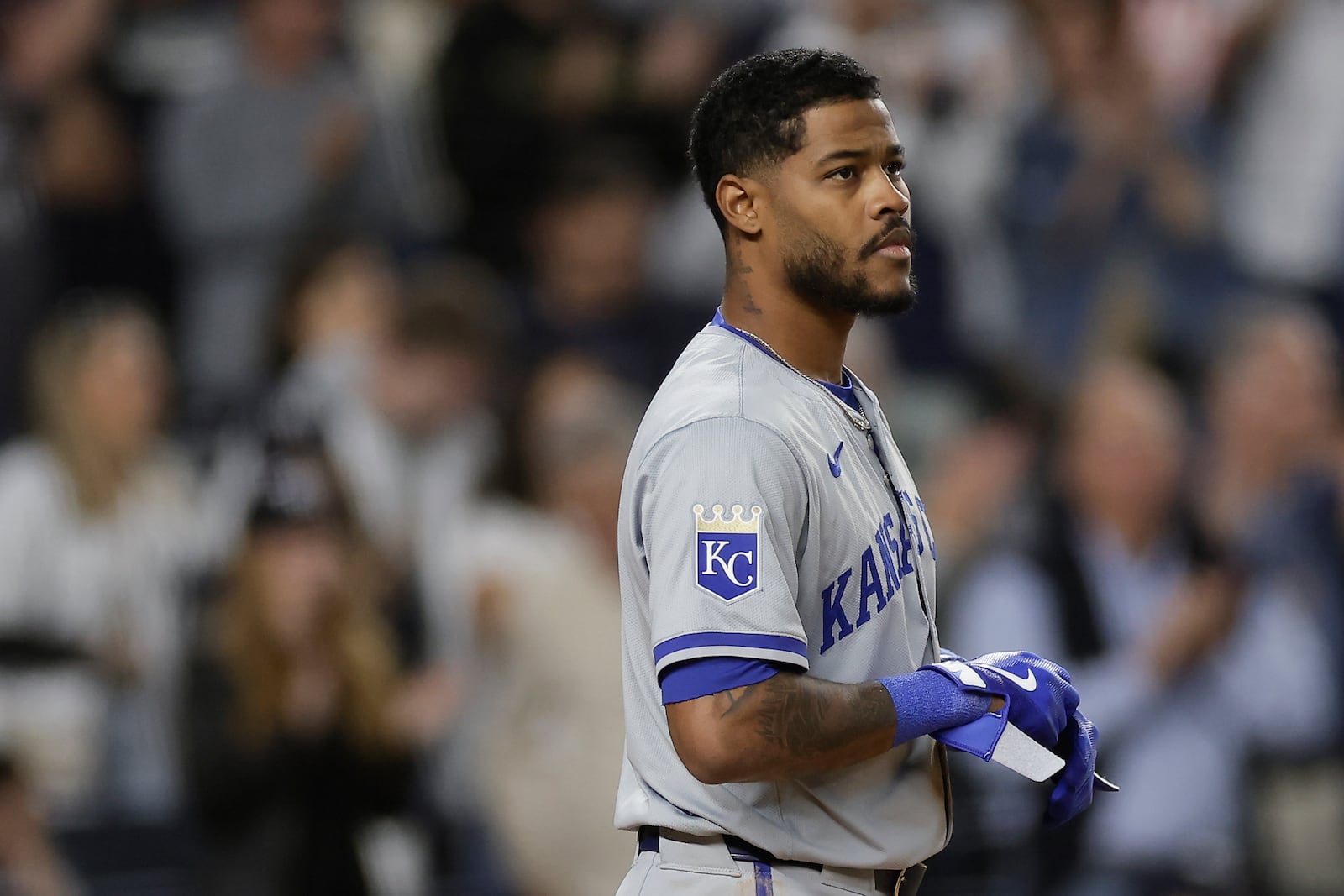 Kansas City Royals third base Maikel Garcia reacts after striking out to end the top of the eighth inning against the New York Yankees during Game 1 of the American League baseball division series, Saturday, Oct. 5, 2024, in New York. (AP Photo/Adam Hunger)